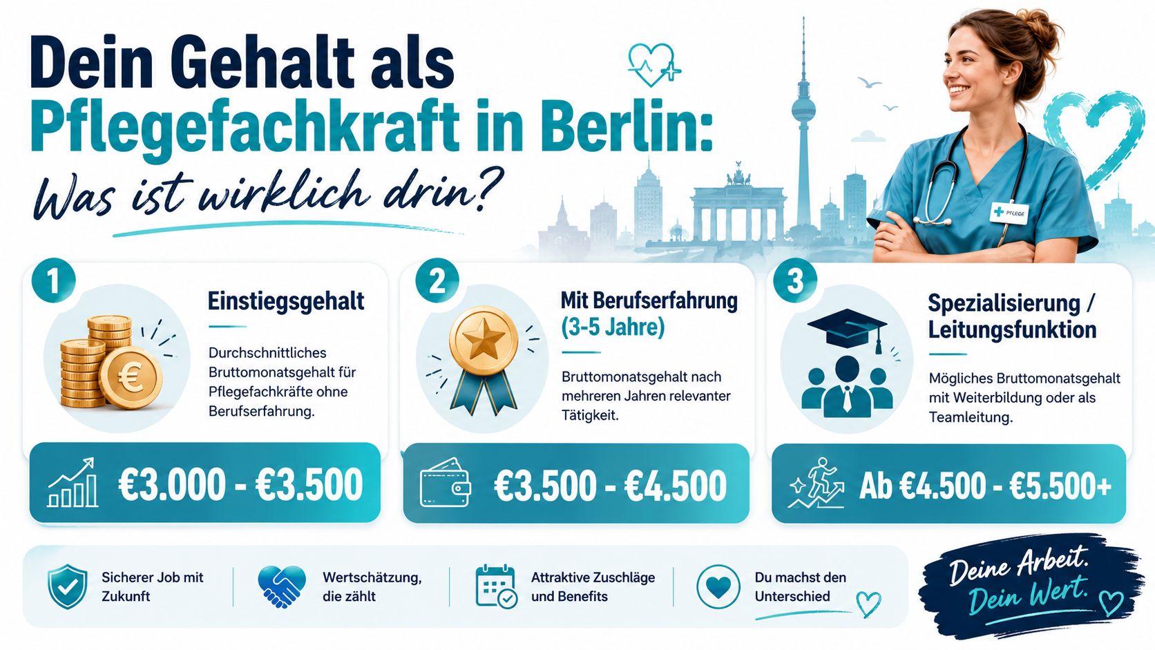 Infografik zeigt die monatlichen Bruttogehälter für Pflegefachkräfte in Berlin, unterteilt nach Erfahrungsstufen und Qualifikationen.
