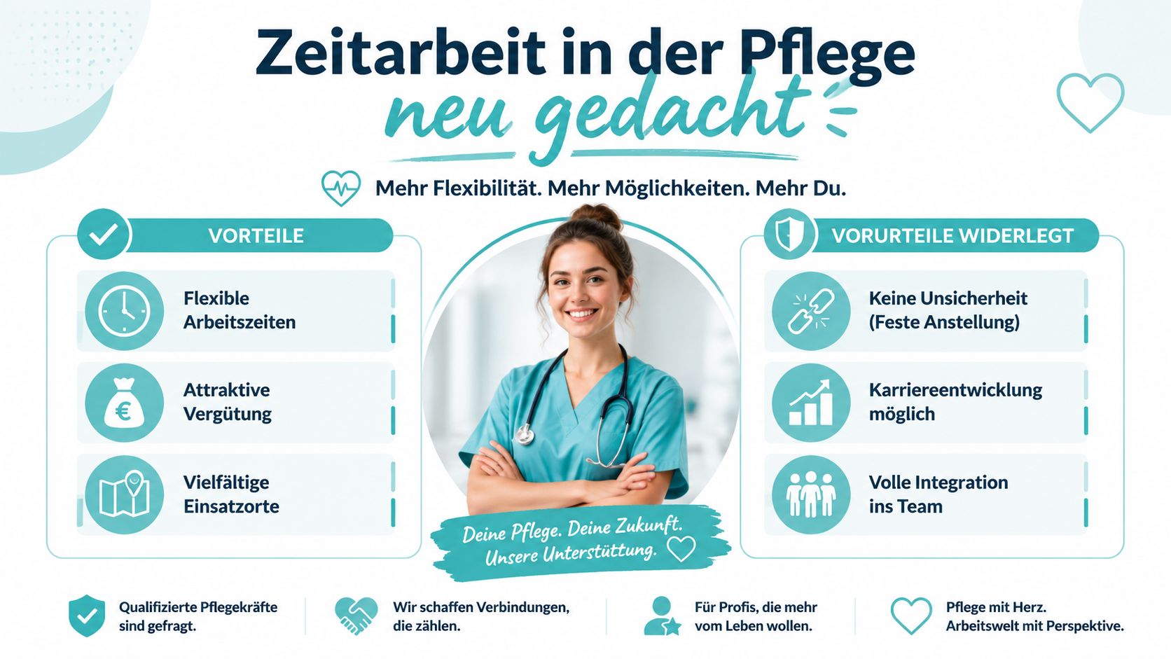 Eine lächelnde Pflegefachkraft wirbt für die Vorteile und Entkräftung von Vorurteilen bei der Zeitarbeit in der Pflege.