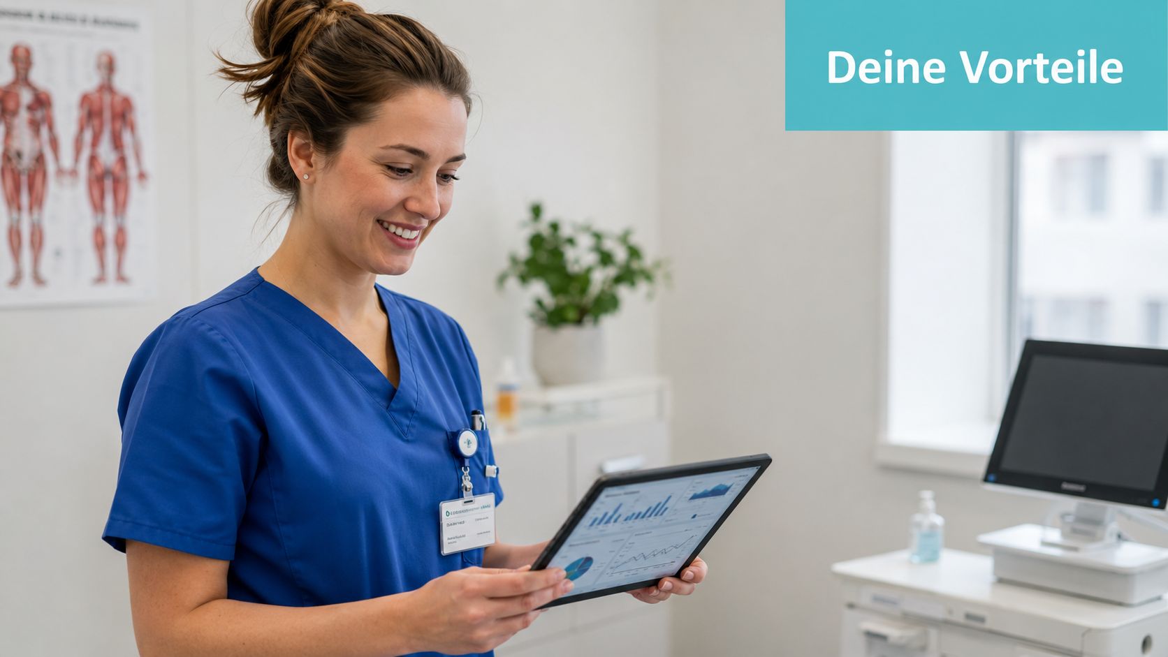 Eine lächelnde Pflegefachkraft betrachtet auf einem Tablet Diagramme und Daten in einem modernen medizinischen Behandlungsraum in Chemnitz.