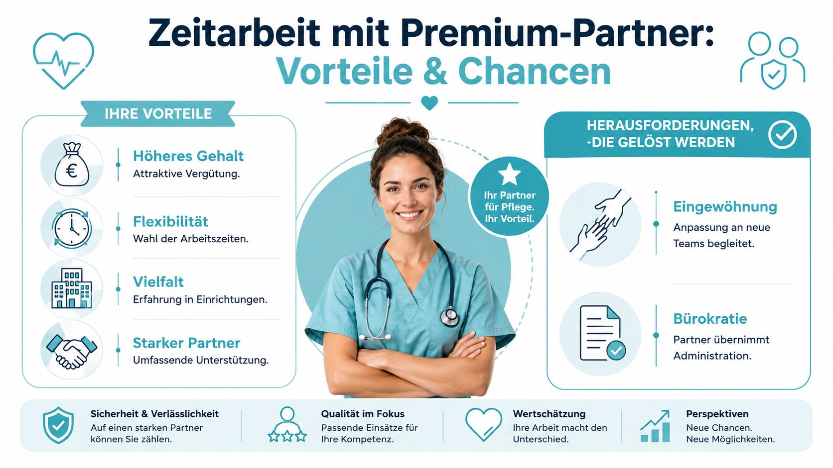 Eine Pflegefachkraft lächelt, während die Vorteile und Chancen der Zeitarbeit bei einem Premium-Partner anschaulich dargestellt werden.