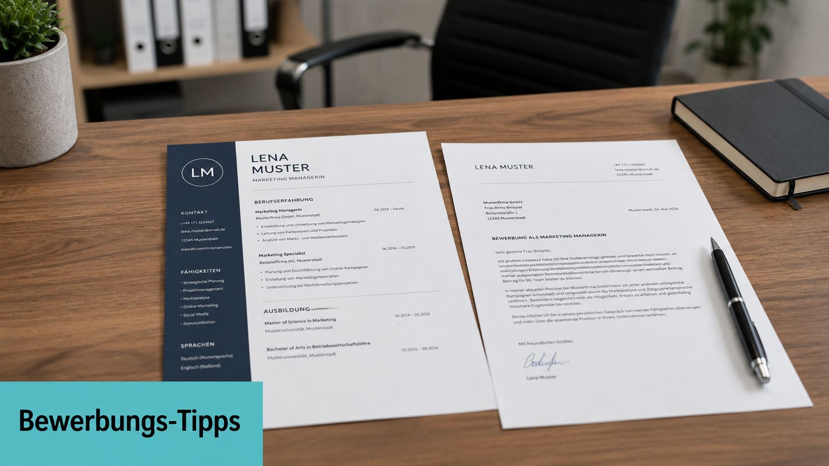 Ein hochwertiges Foto eines Schreibtisches mit einem Lebenslauf und einem Anschreiben für eine Bewerbung als Marketing Managerin.