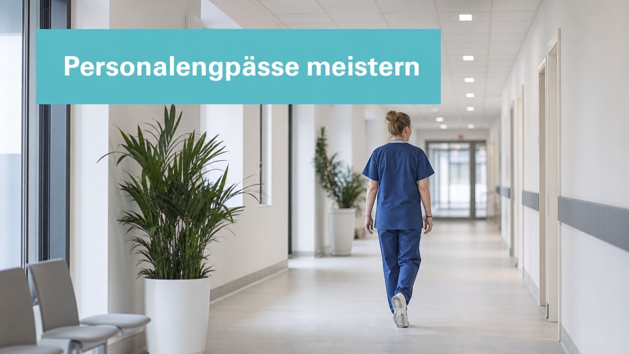 Eine Pflegefachkraft geht in blauer Arbeitskleidung durch einen hellen, modernen Krankenhausflur in Richtung des hinteren Ausgangs.