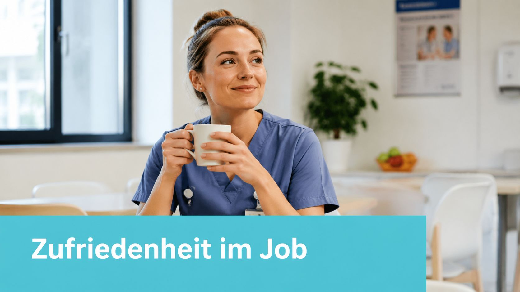 Eine lächelnde Pflegefachkraft genießt eine Kaffeepause in einer hellen Klinik während ihres Arbeitstages.