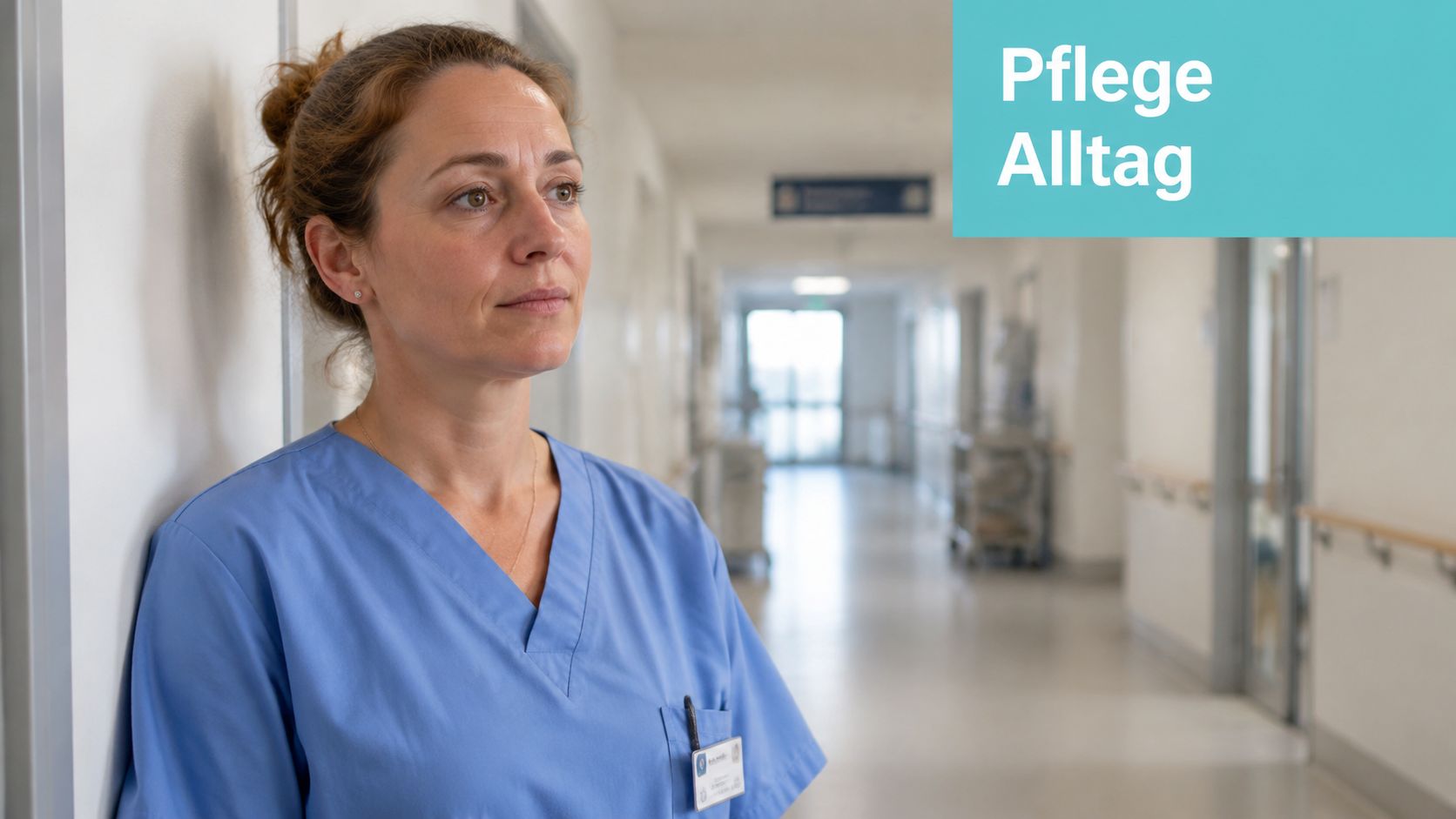 Eine nachdenkliche Pflegefachkraft in blauer Arbeitskleidung steht in einem hellen Flur eines Krankenhauses in Erfurt.