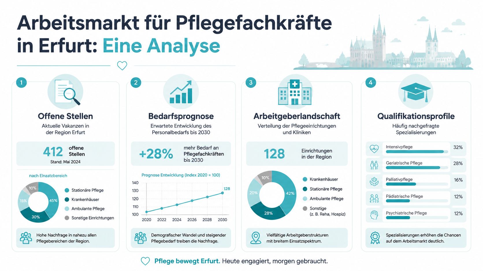 Eine Infografik zur Analyse des Arbeitsmarktes für Pflegefachkräfte in Erfurt mit aktuellen Daten und Prognosen.