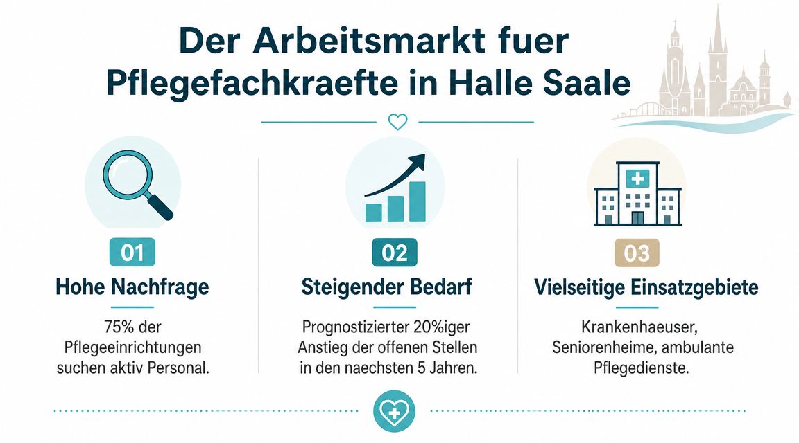 Infografik zum Arbeitsmarkt für Pflegefachkräfte in Halle Saale mit Informationen zu Nachfrage, Bedarf und Einsatzgebieten.