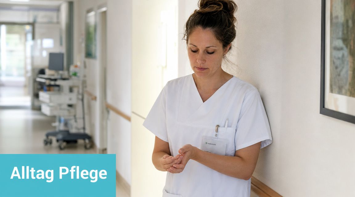 Eine konzentrierte Pflegefachkraft desinfiziert sich im hellen Krankenhausflur routiniert die Hände vor der nächsten Behandlung.