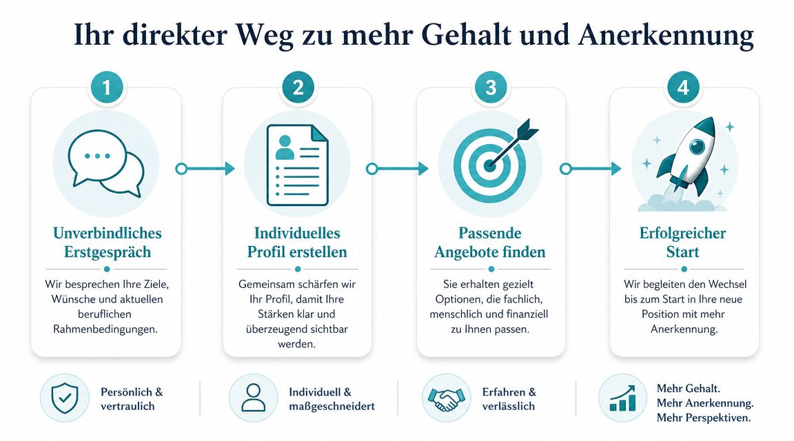 Grafik zur Darstellung des vierstufigen Prozesses für mehr Gehalt und berufliche Anerkennung für Pflegefachkräfte.