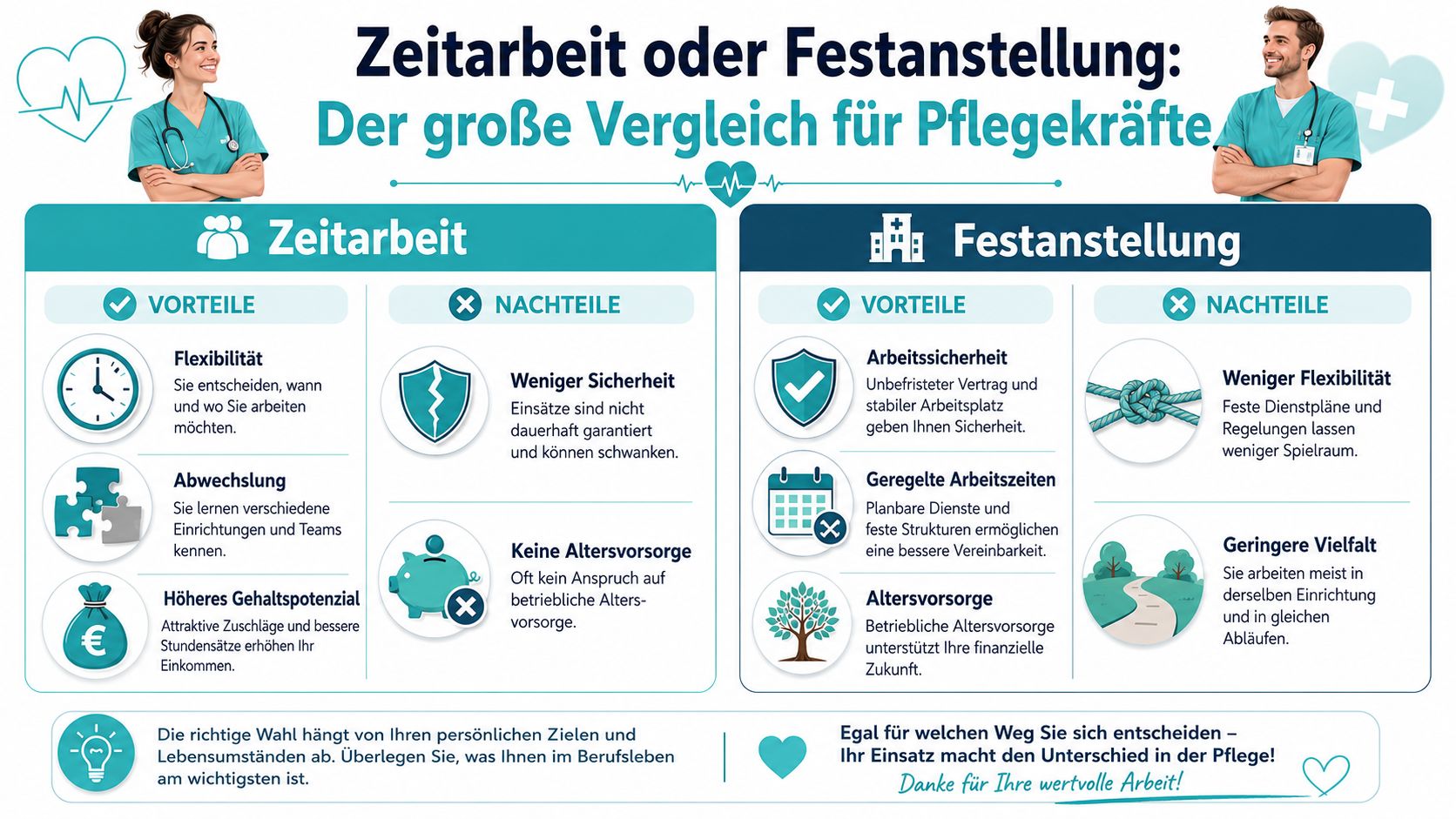 Vergleich zwischen Zeitarbeit und Festanstellung für Pflegekräfte mit Vor- und Nachteilen für eine informierte Karriereentscheidung.
