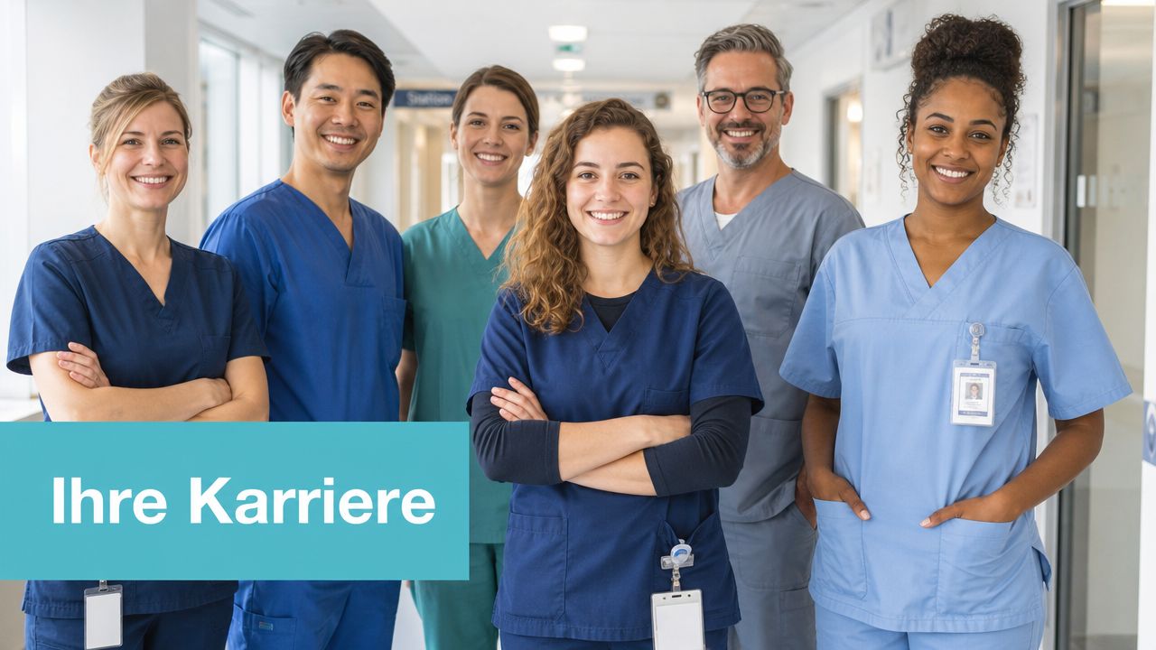 Ein diverses Team von Pflegefachkräften steht lächelnd in einem Krankenhausflur, unterlegt mit dem Text Ihre Karriere.