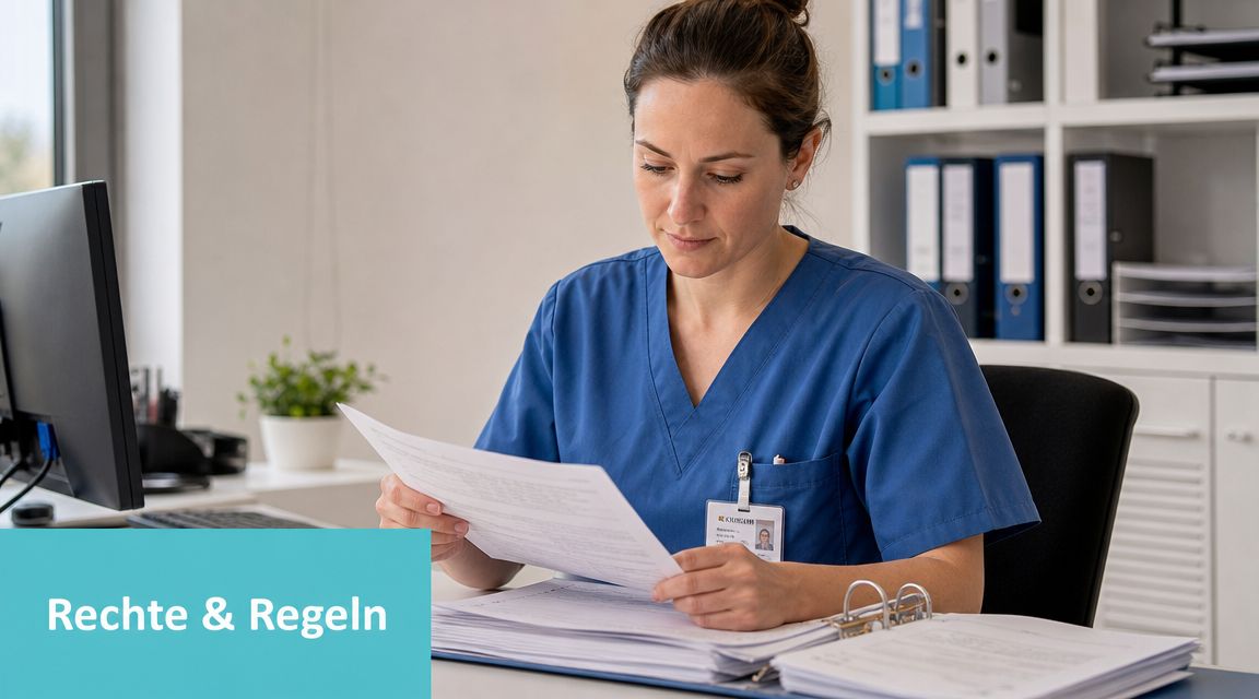 Eine konzentriert arbeitende Pflegefachkraft in blauer Dienstkleidung liest Unterlagen an einem Schreibtisch mit Ordnern und Computer.