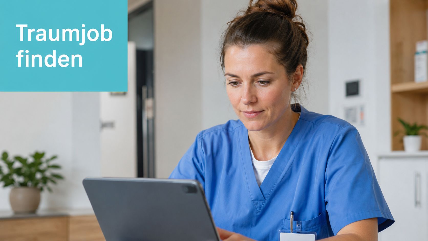 Eine konzentrierte Pflegekraft in blauer Arbeitskleidung liest auf einem Tablet Informationen zum Thema Traumjob finden.