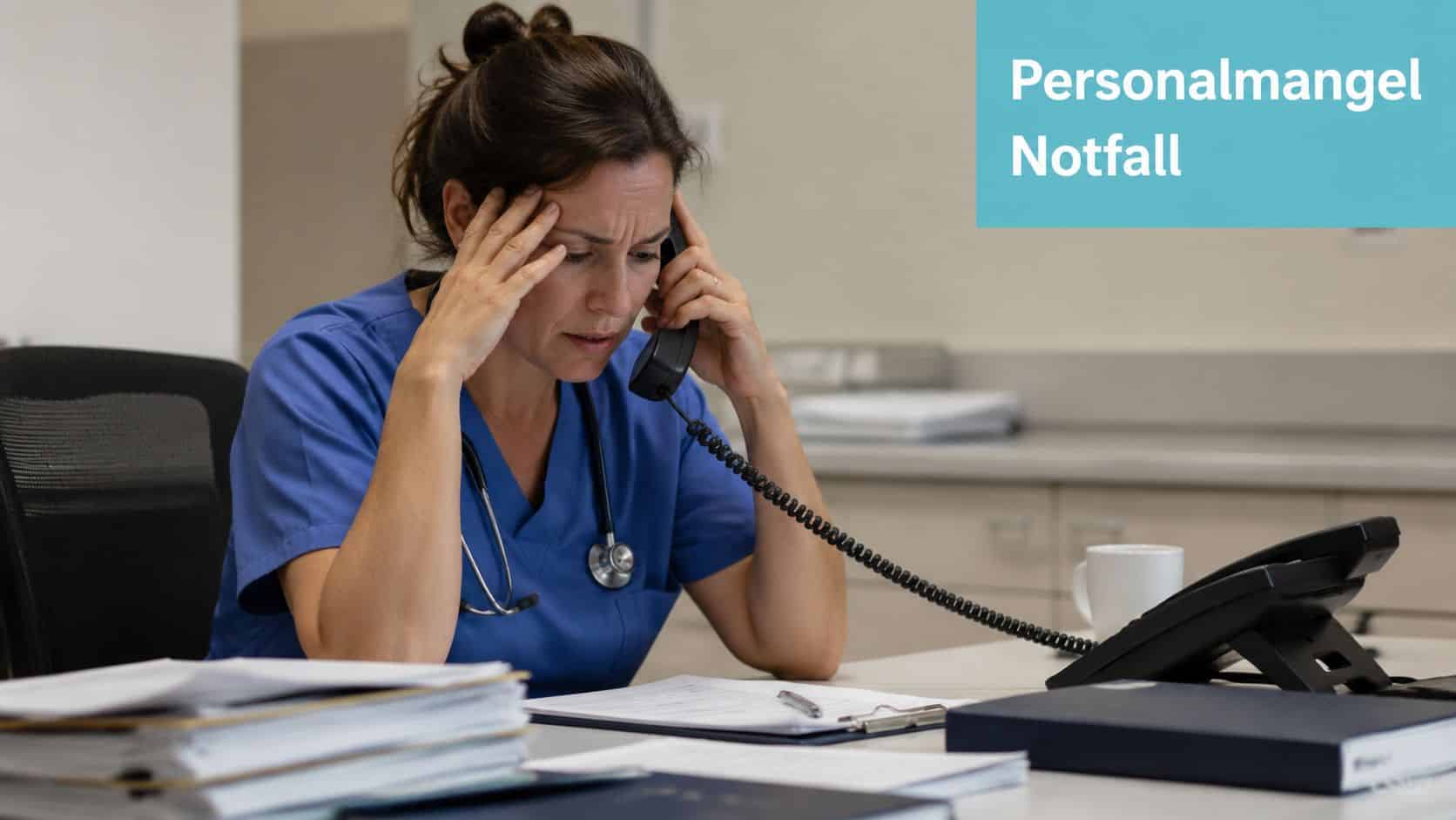 Eine erschöpfte Krankenschwester telefoniert besorgt in einem Büro wegen eines akuten Personalmangels im Gesundheitswesen.
