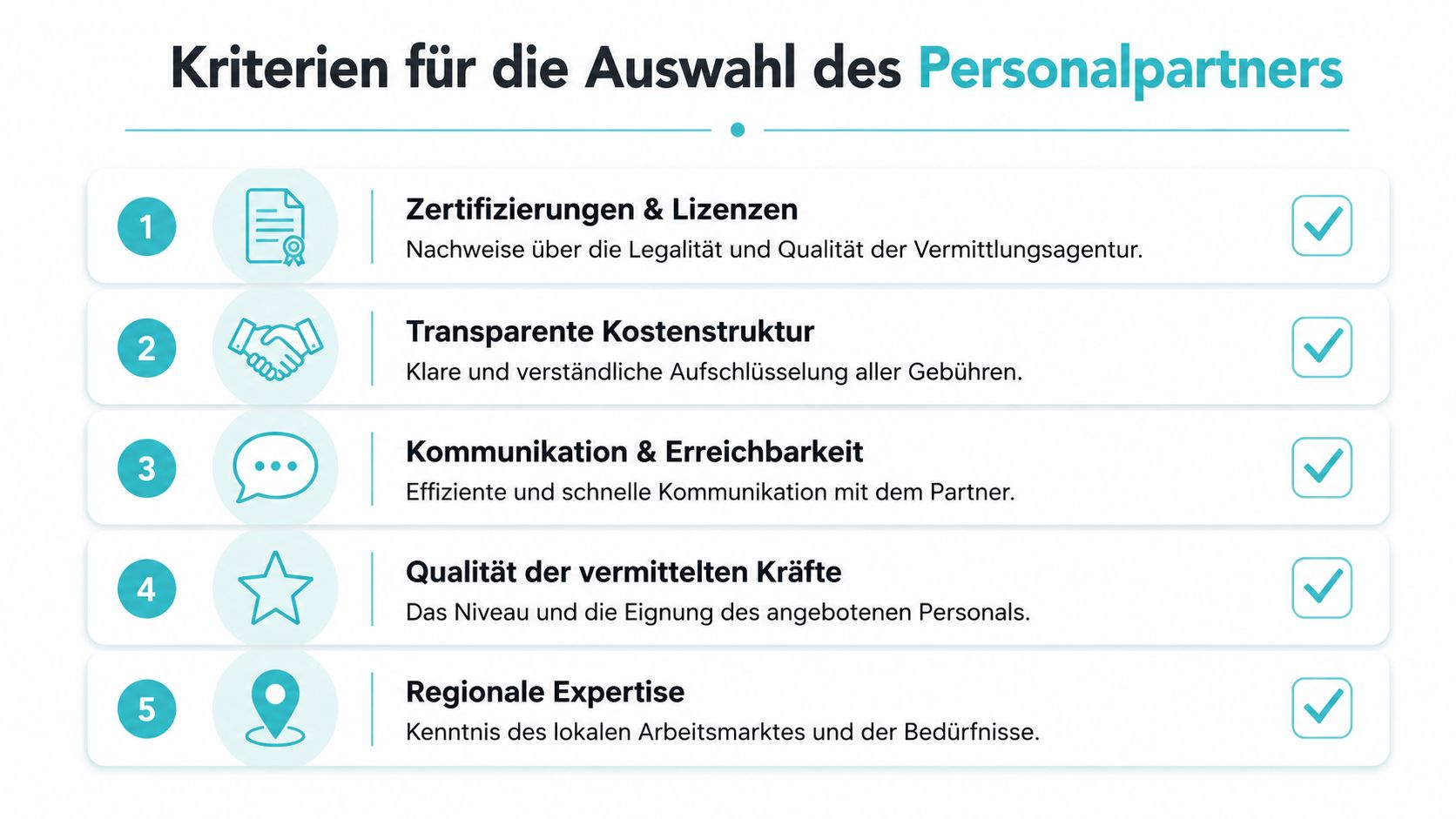 Eine Infografik mit fünf Kriterien für die Auswahl eines Personalpartners in der Pflegekräftevermittlung.