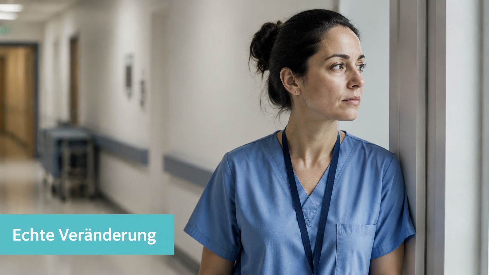 Eine nachdenkliche Krankenschwester in blauer Arbeitskleidung steht nachdenklich auf einem Krankenhausflur und schaut aus dem Fenster.