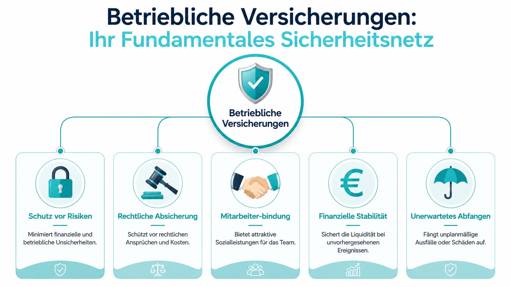 Eine Infografik über betriebliche Versicherungen und ihre Vorteile wie Risikoschutz, rechtliche Absicherung, Mitarbeiterbindung und finanzielle Stabilität.