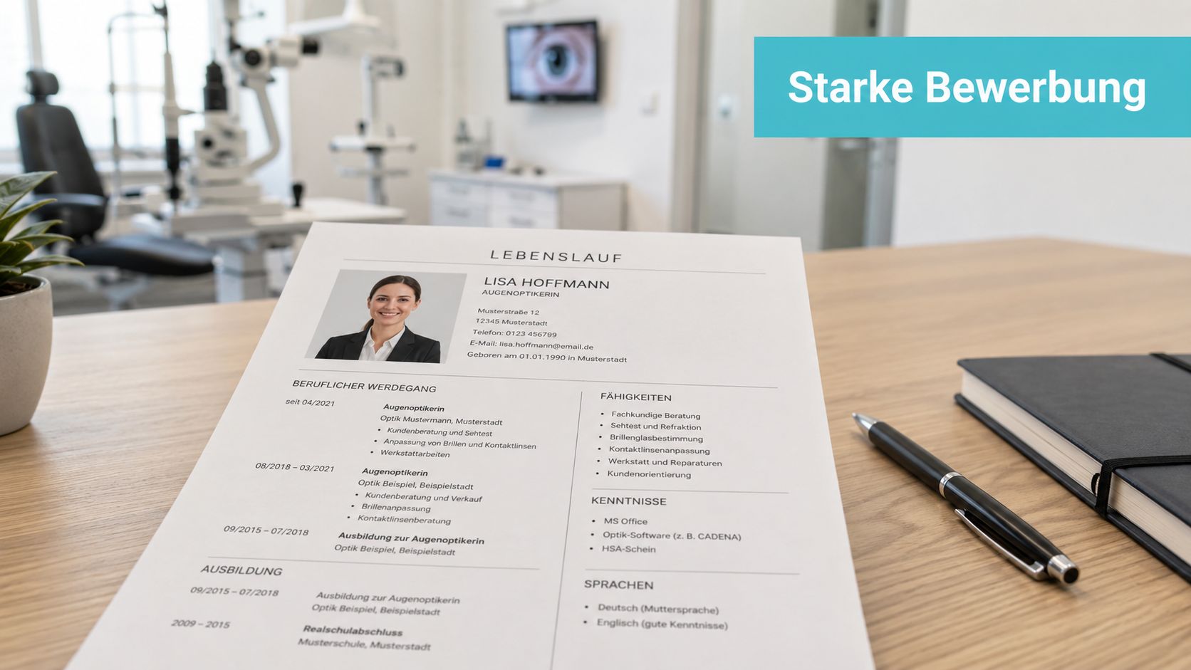 Ein Lebenslauf einer Augenoptikerin liegt auf einem Schreibtisch in einer modernen Augenarztpraxis für eine Bewerbung.