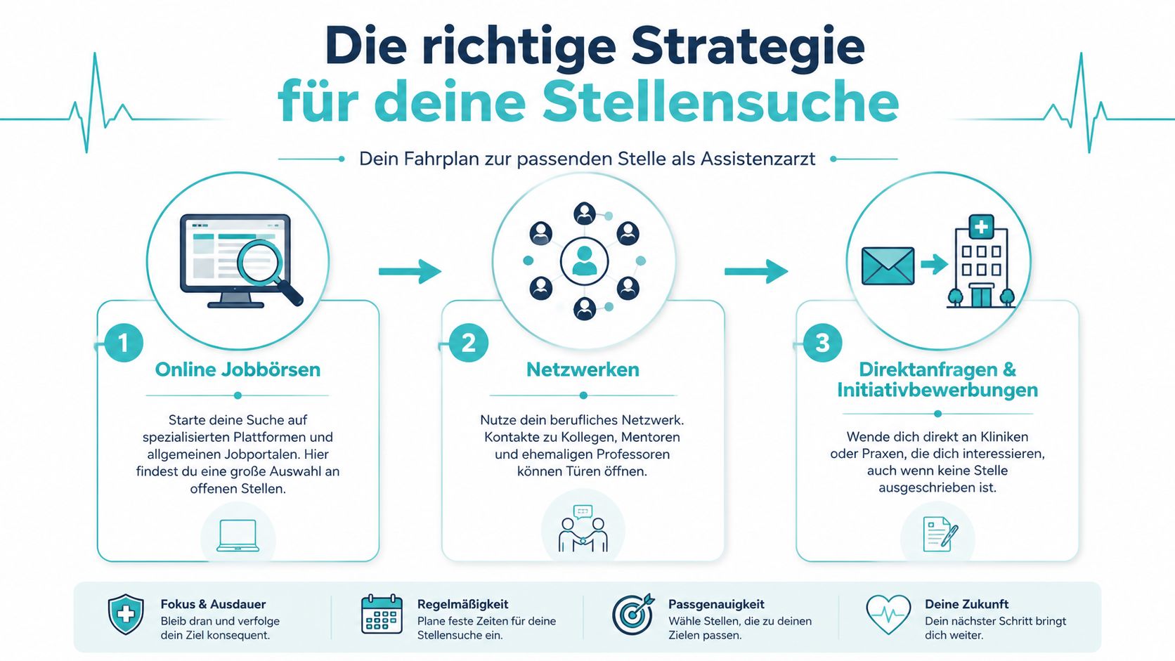 Infografik zur Strategie bei der Stellensuche als Assistenzarzt mit Tipps zu Jobbörsen, Netzwerken und Initiativbewerbungen.
