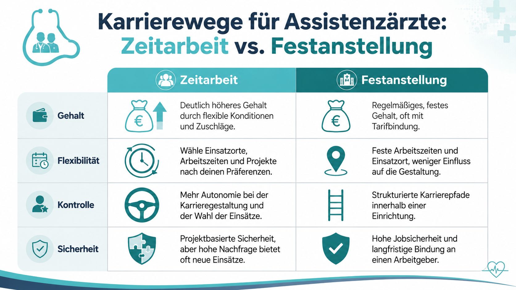Vergleich der Karrieremöglichkeiten für Assistenzärzte zwischen Zeitarbeit und Festanstellung bezüglich Gehalt, Flexibilität, Kontrolle und Sicherheit.