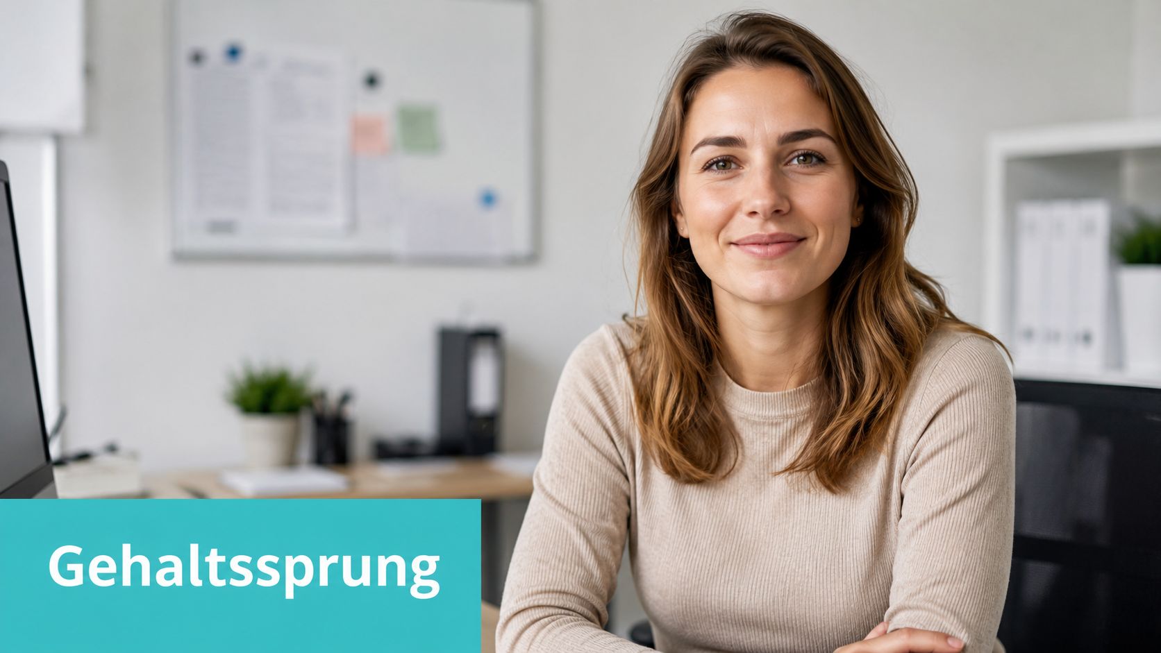 Eine lächelnde Frau sitzt im Büro vor einem Computerbildschirm mit dem Text Gehaltssprung im Vordergrund.