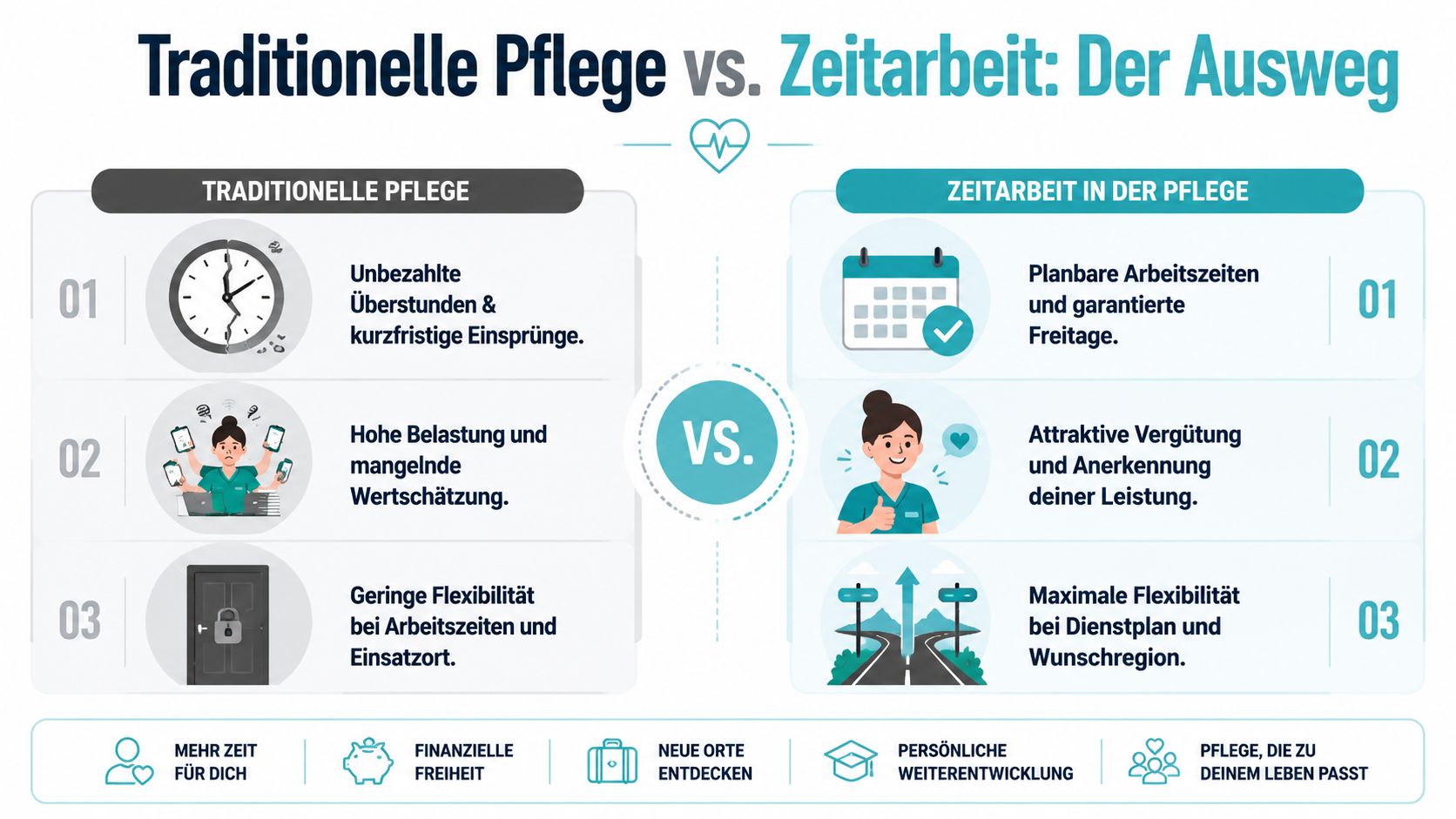 Vergleich zwischen traditioneller Pflege und Zeitarbeit mit Fokus auf Arbeitsbedingungen, Flexibilität und persönlicher Freiheit in der Pflegebranche.
