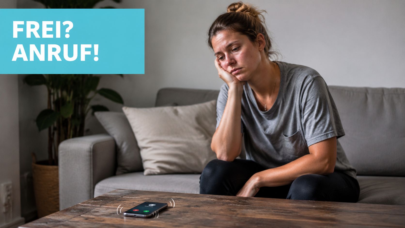 Eine nachdenkliche junge Frau sitzt erschöpft zu Hause auf dem Sofa neben einem klingelnden Smartphone.