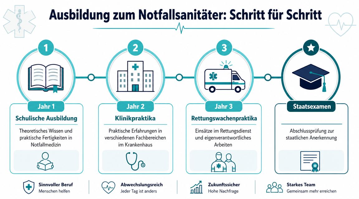 Infografik zur dreijährigen Ausbildung zum Notfallsanitäter mit den verschiedenen Phasen, Inhalten und beruflichen Vorteilen im Überblick.