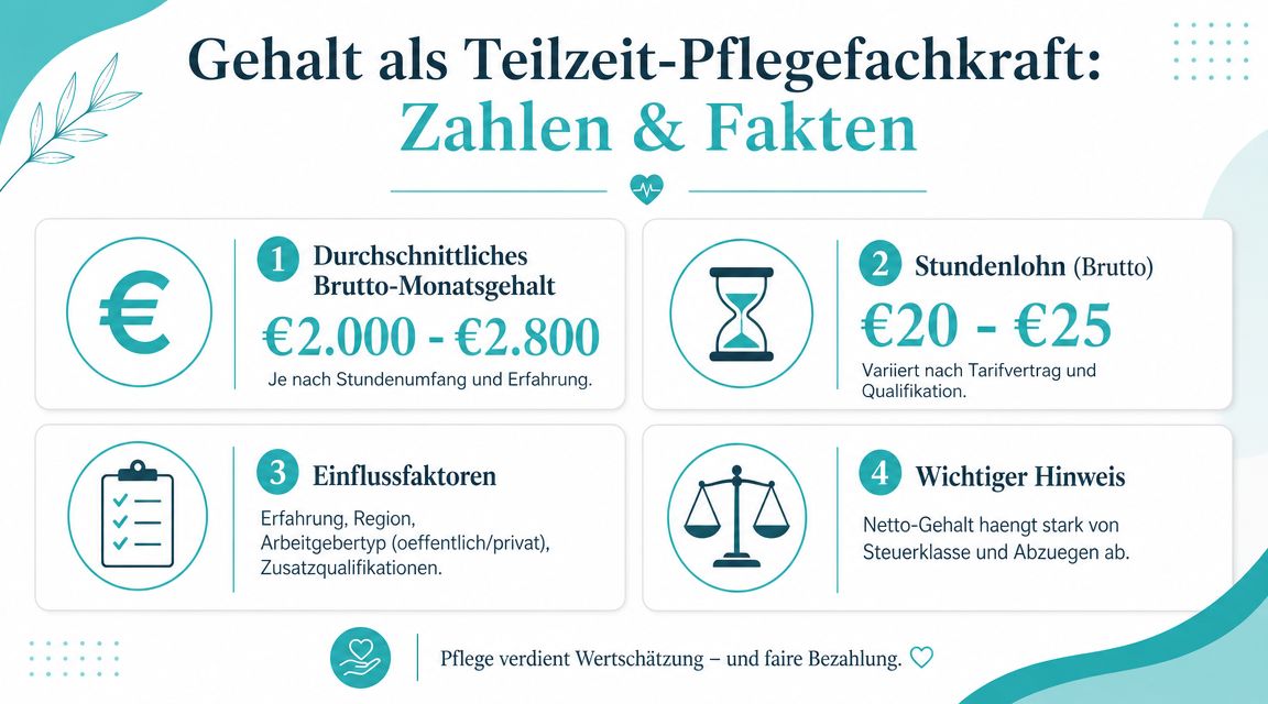 Eine Infografik mit Gehaltsdaten und wichtigen Faktoren für Teilzeit-Pflegefachkräfte in Deutschland.