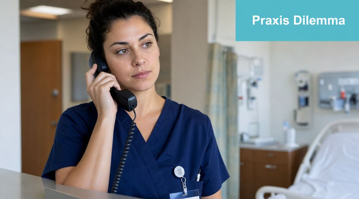 Eine Krankenschwester im Krankenhaus telefoniert konzentriert, während sie vor einem Patientenbett an einem Empfangstresen steht.