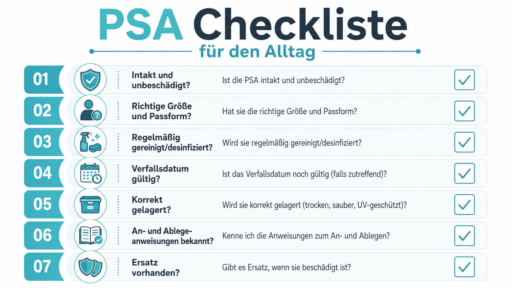 Eine Checkliste für persönliche Schutzausrüstung im Alltag mit sieben wichtigen Prüfpunkten für Sicherheit und korrekte Anwendung.
