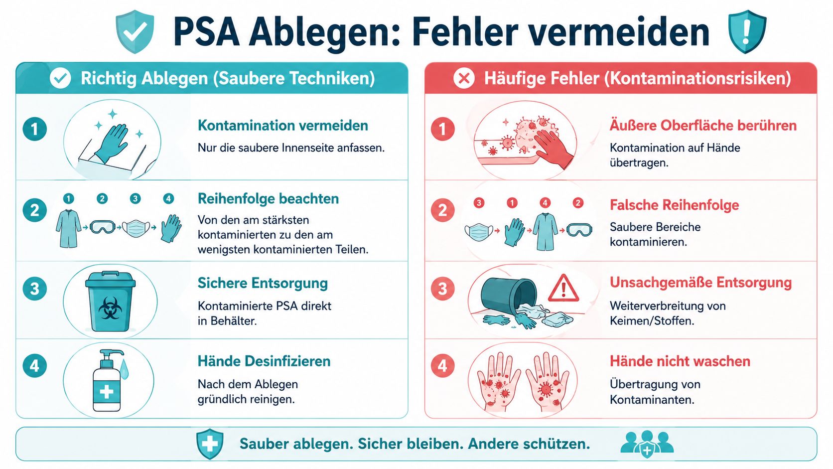 Infografik zum korrekten Ablegen von persönlicher Schutzausrüstung zur Vermeidung von Kontaminationen im medizinischen Umfeld.