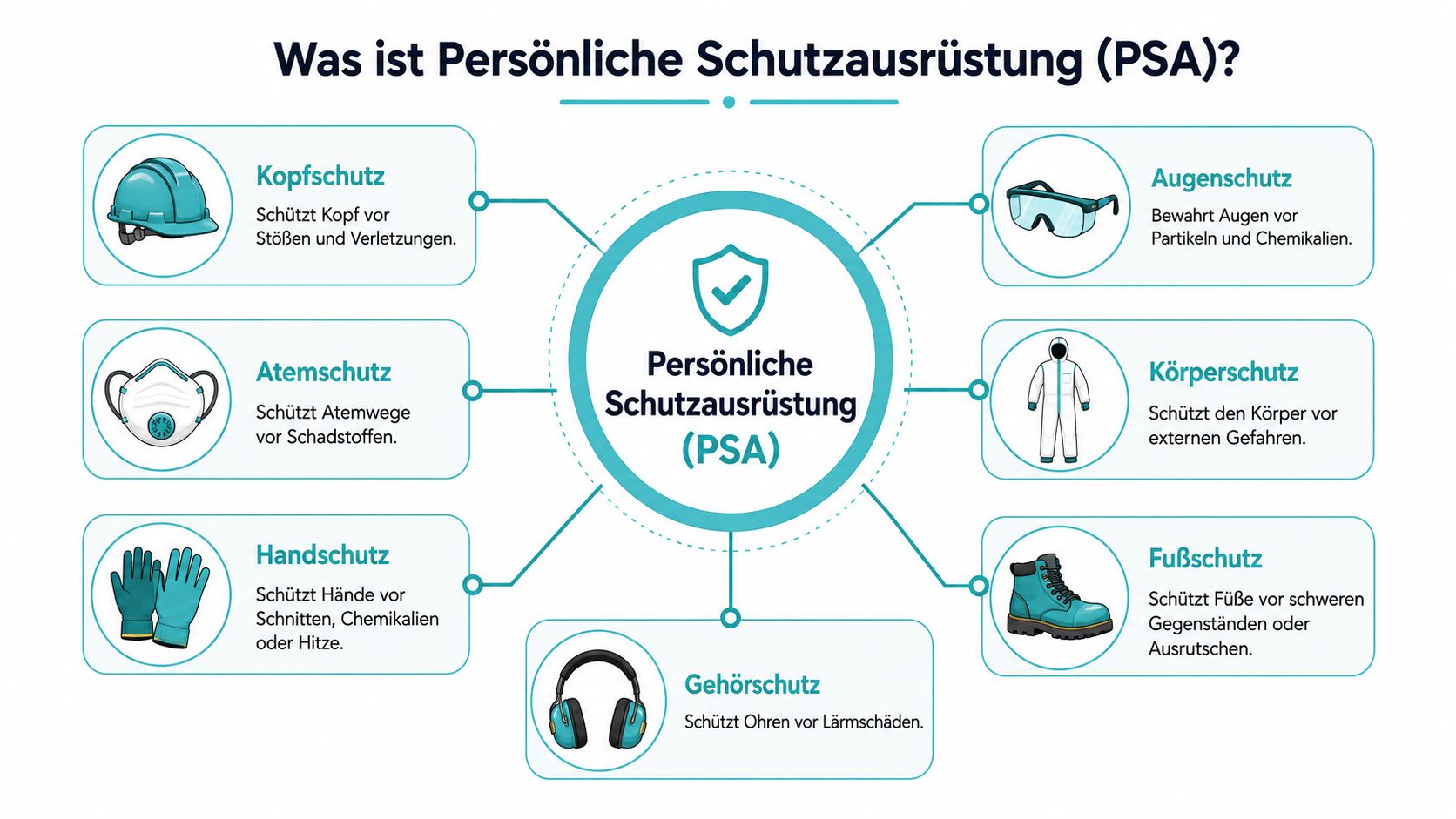 Eine Infografik über persönliche Schutzausrüstung (PSA) und ihre verschiedenen Kategorien für die Sicherheit am Arbeitsplatz.