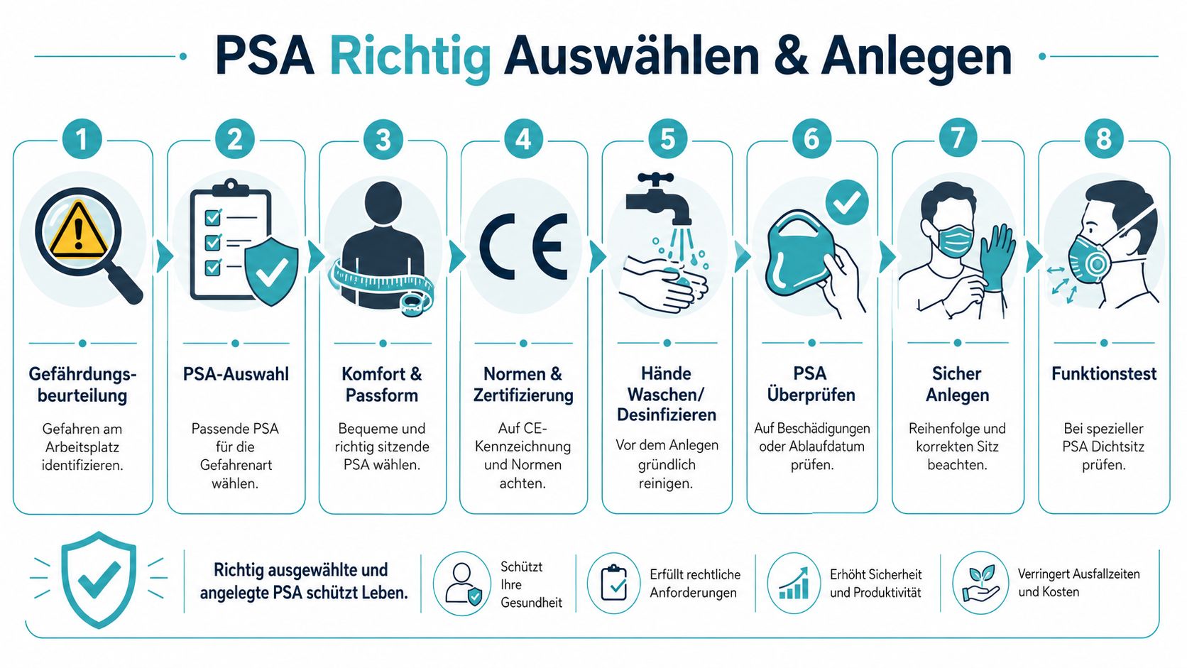 Eine Infografik mit acht Schritten zur korrekten Auswahl und zum sicheren Anlegen persönlicher Schutzausrüstung am Arbeitsplatz.