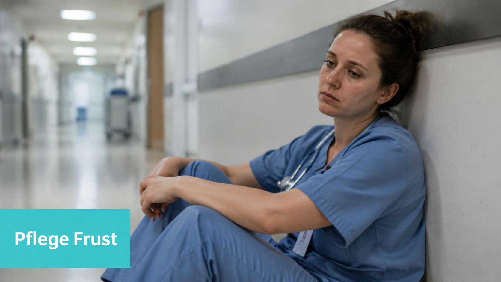 Eine erschöpfte Krankenschwester sitzt frustriert und nachdenklich auf dem Boden eines Krankenhausflures.