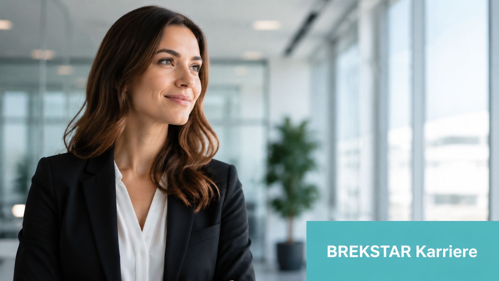 Eine professionelle Geschäftsfrau blickt zuversichtlich aus einem modernen Bürofenster, während sie über ihre berufliche Karriere nachdenkt.