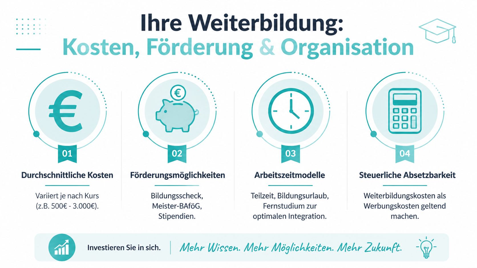 Eine Infografik zur Weiterbildung mit den Themen Kosten, Fördermöglichkeiten, Arbeitszeitmodelle und steuerliche Absetzbarkeit.