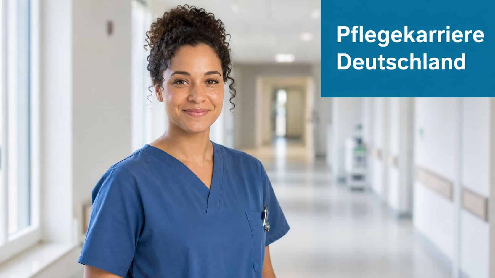Eine lächelnde Pflegekraft in blauer Arbeitskleidung steht in einem hellen, freundlichen Krankenhausflur in Deutschland.