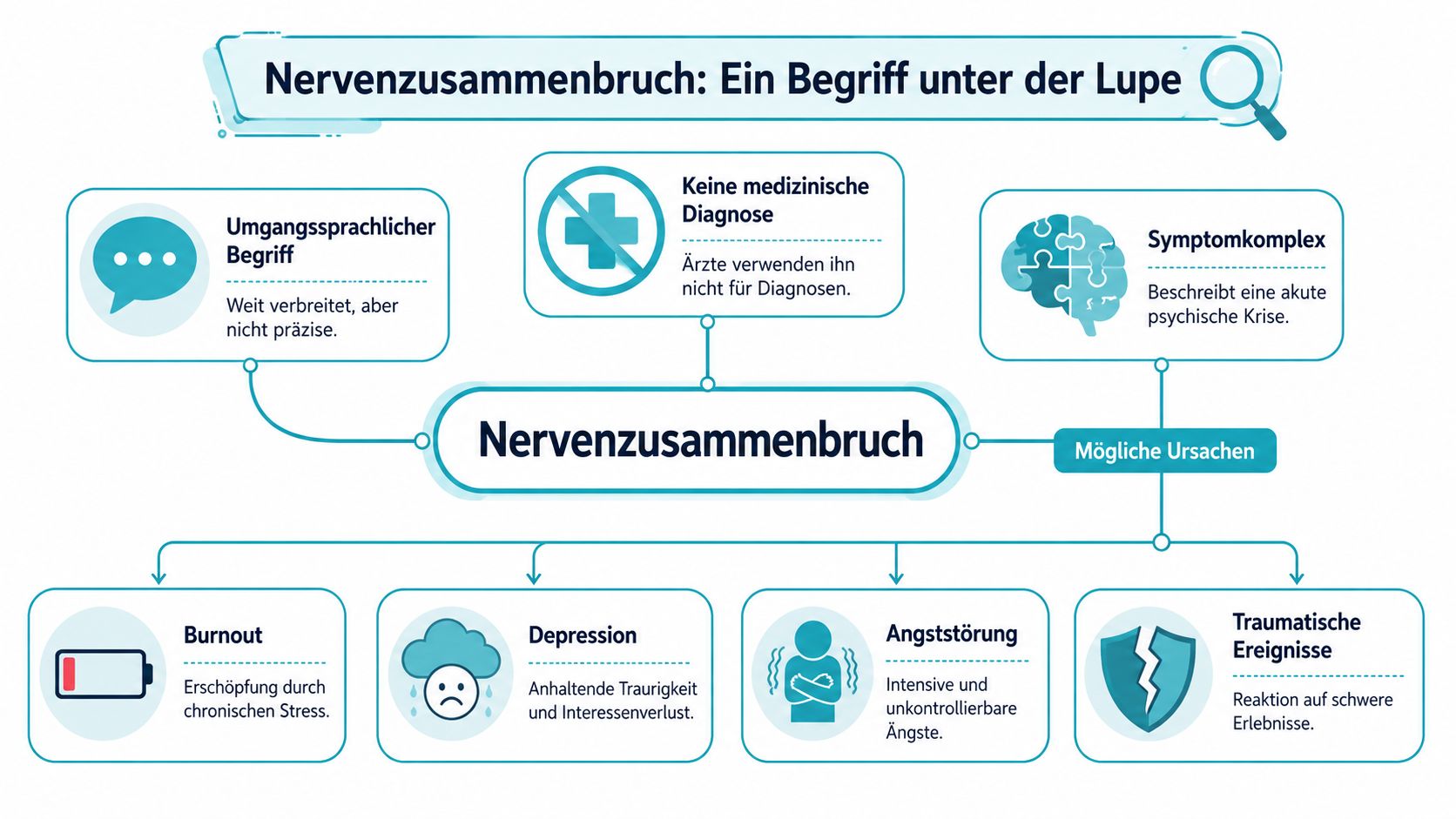 Eine informative Infografik über den Begriff Nervenzusammenbruch, seine Bedeutung und mögliche zugrunde liegende psychische Ursachen.