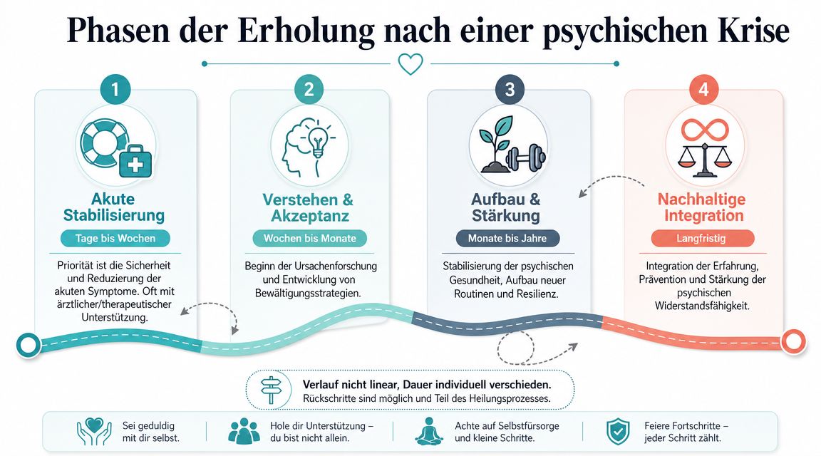 Grafik zeigt die vier Phasen der Erholung nach einer psychischen Krise, vom stabilen Anfang bis zur langfristigen Integration.