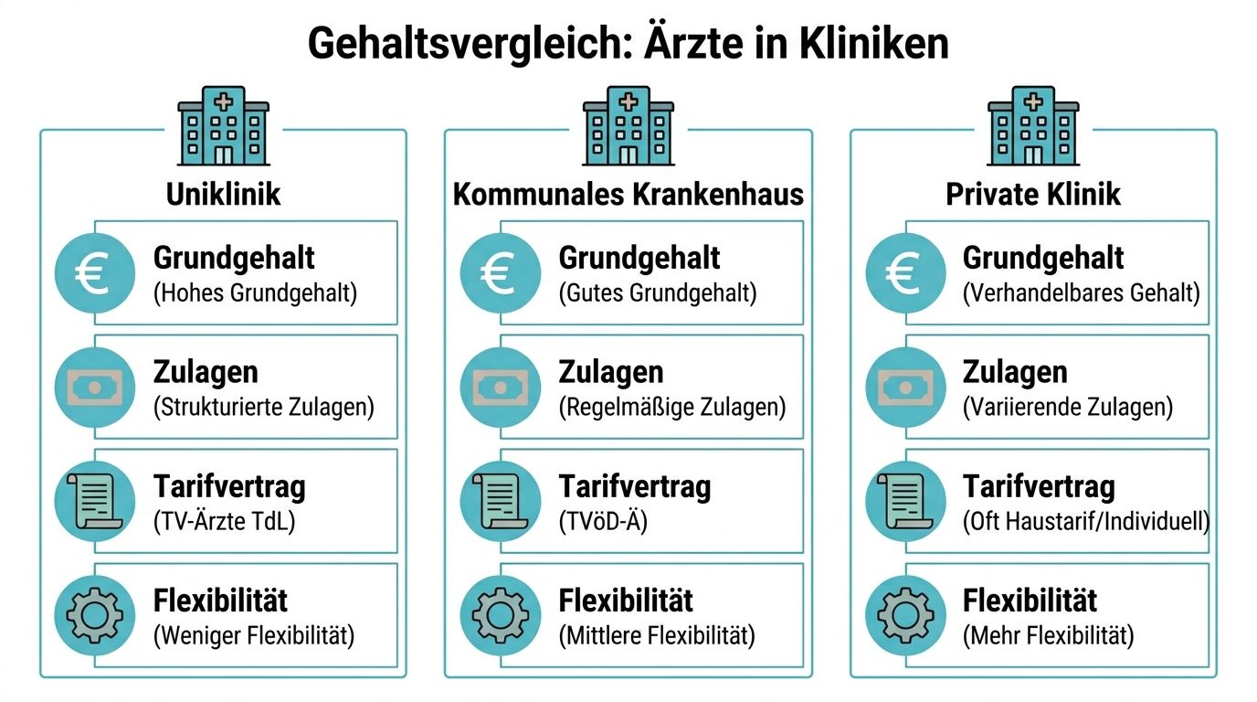 Vergleich der Gehaltsstrukturen von Ärzten in Unikliniken, kommunalen Krankenhäusern und privaten Kliniken mit detaillierten Kategorien.