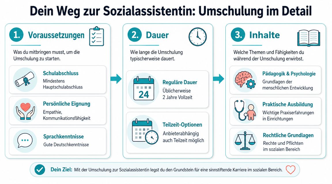 Eine Infografik mit drei Schritten zur Umschulung zur Sozialassistentin: Voraussetzungen, Dauer und inhaltliche Schwerpunkte.