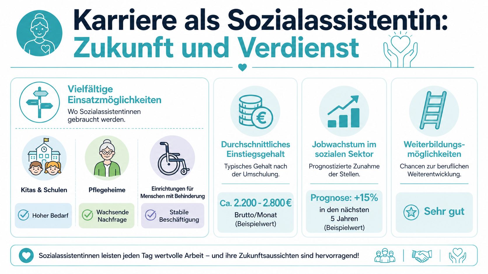 Infografik zur Umschulung zur Sozialassistentin mit Informationen über Einsatzbereiche, Gehalt, Jobwachstum und Karrieremöglichkeiten im sozialen Bereich.