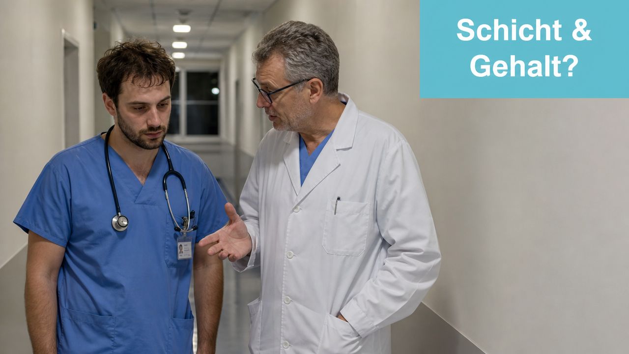Ein älterer Chefarzt spricht in einem Krankenhausflur mit einem jungen Assistenzarzt über Schichten und das Gehalt.