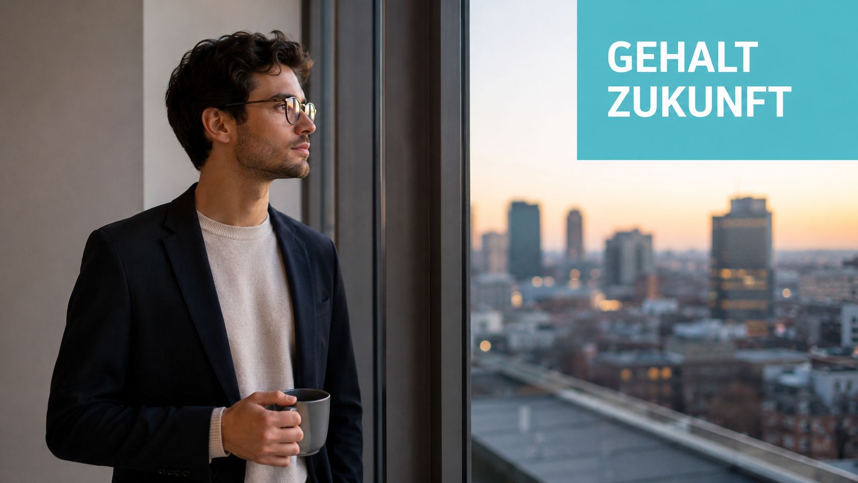 Ein junger Mann im Anzug schaut nachdenklich aus einem Fenster über eine moderne Stadt bei Sonnenuntergang.
