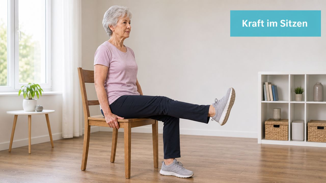 Eine Seniorin sitzt auf einem Holzstuhl und trainiert ihre Beinmuskulatur mit einer kontrollierten Beinstreckübung im Sitzen.
