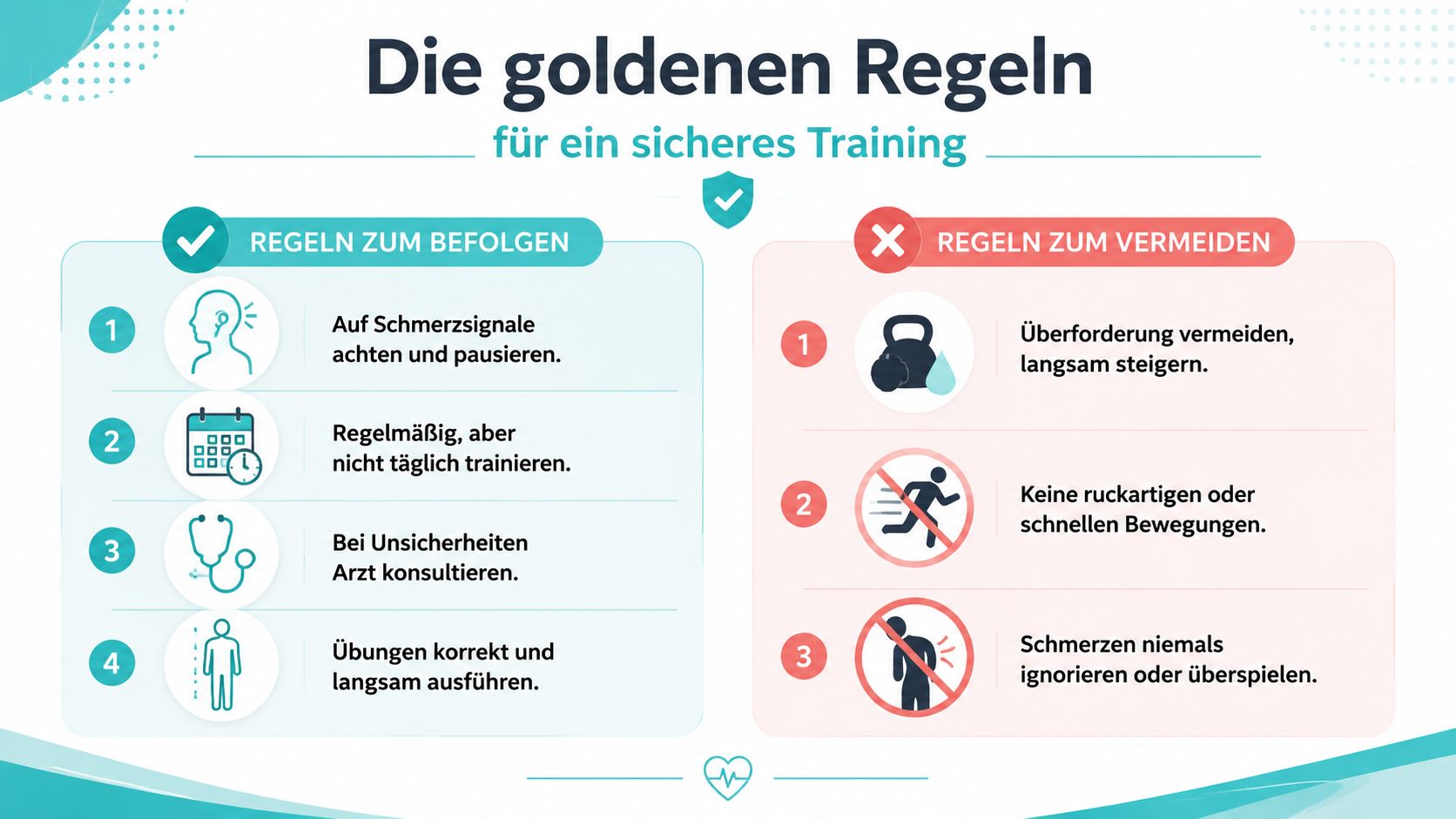 Eine Infografik mit den goldenen Regeln für ein sicheres Training für Senioren zur Stärkung der Beinmuskulatur.