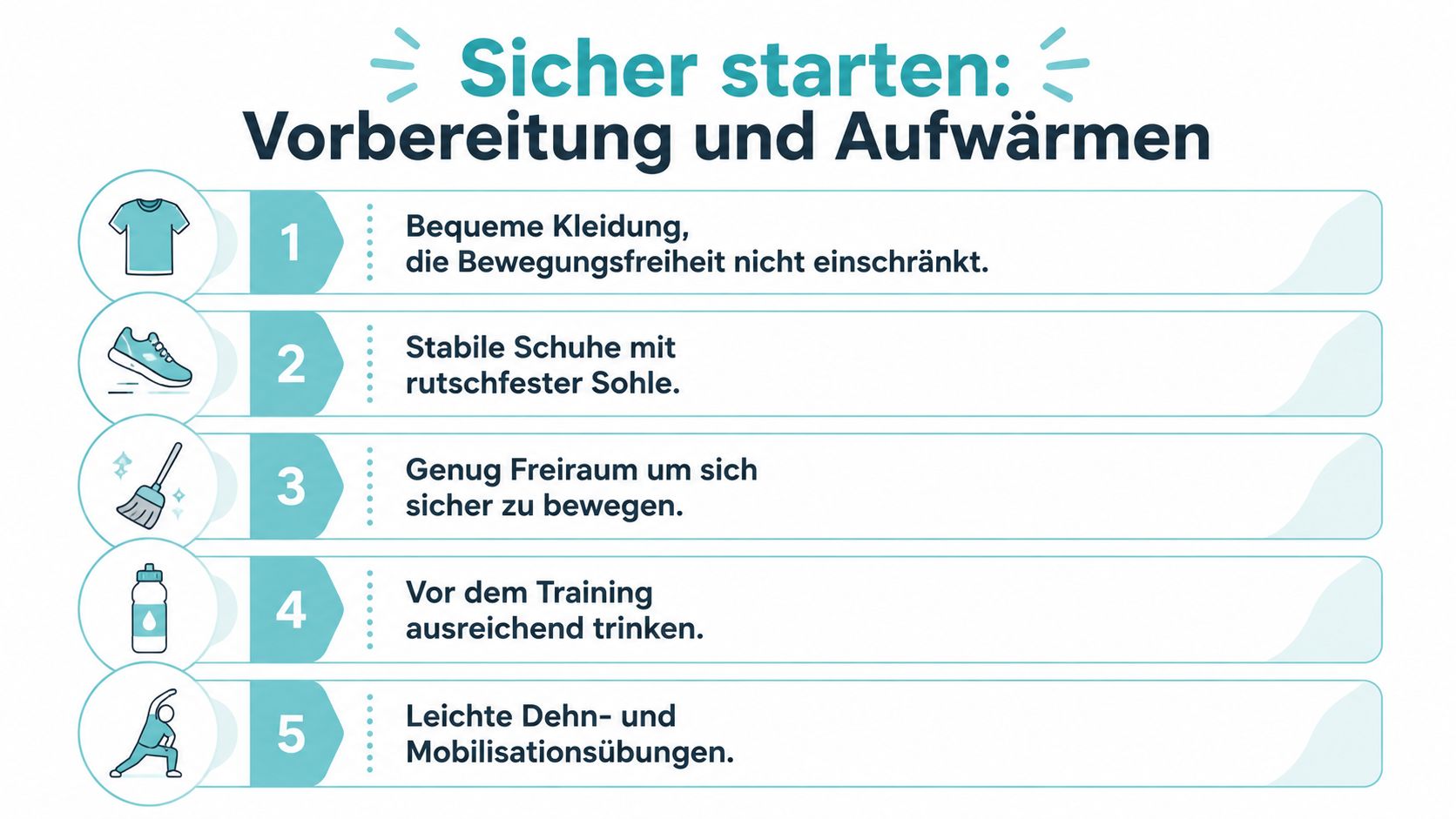 Eine Infografik mit fünf Schritten zur sicheren Vorbereitung und zum Aufwärmen für körperliches Training bei Senioren.