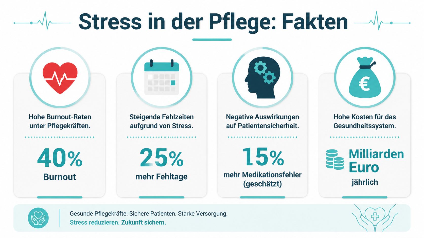 Infografik über Stress in der Pflege mit Fakten zu Burnout, Fehlzeiten, Patientensicherheit und Kosten im Gesundheitswesen.
