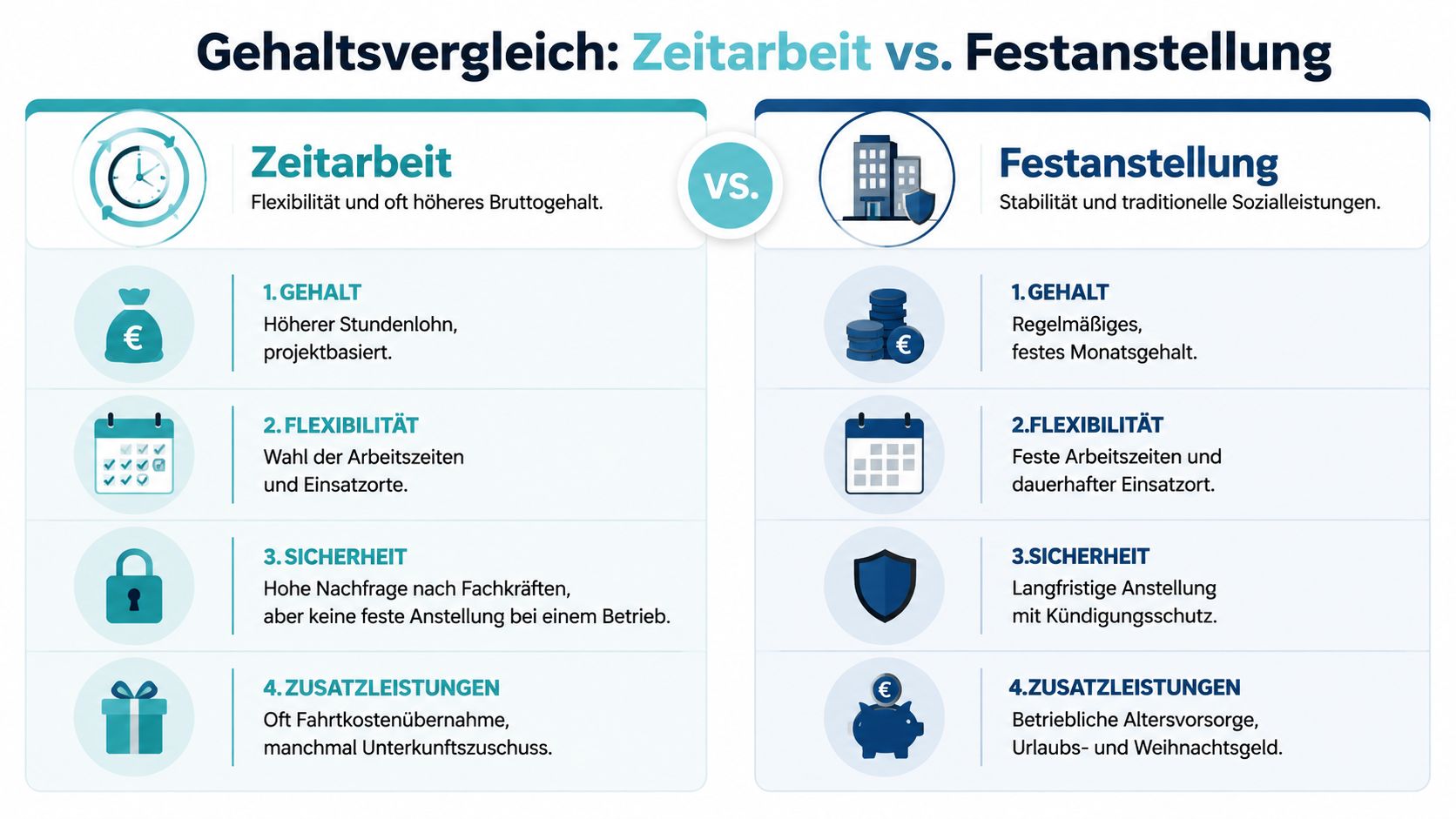 Vergleichsgrafik zwischen Zeitarbeit und Festanstellung mit Fokus auf Gehalt, Flexibilität, Sicherheit und weiteren betrieblichen Zusatzleistungen für Arbeitnehmer.