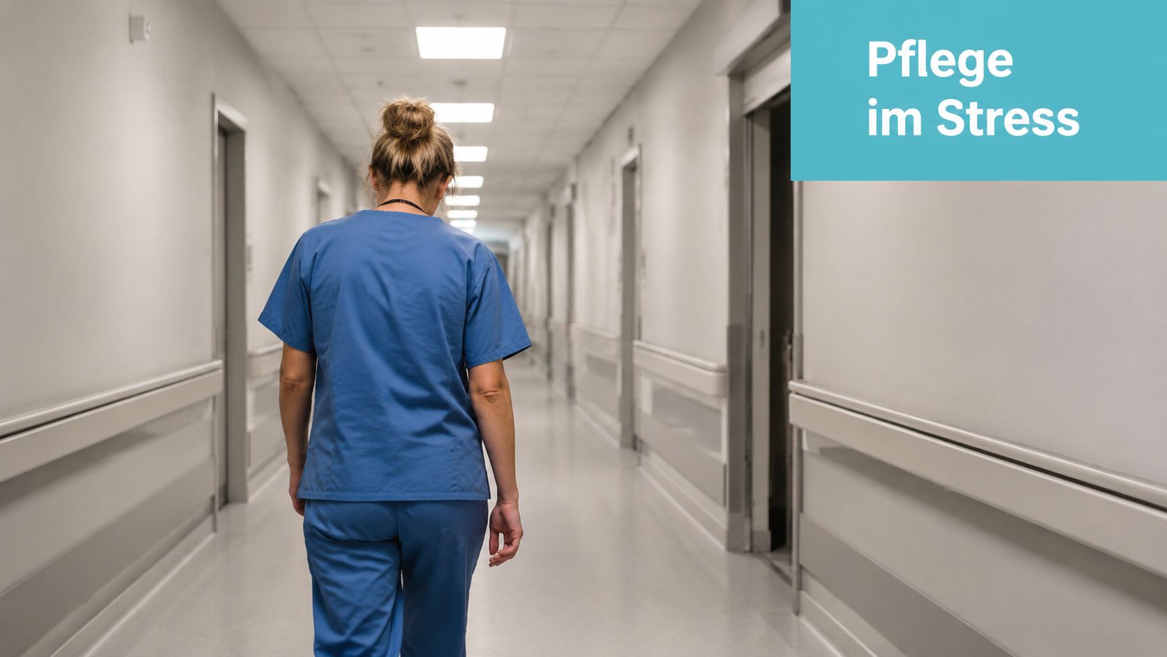Eine Pflegekraft in blauer Arbeitskleidung geht einsam einen langen, sterilen Krankenhausflur entlang und wirkt erschöpft.